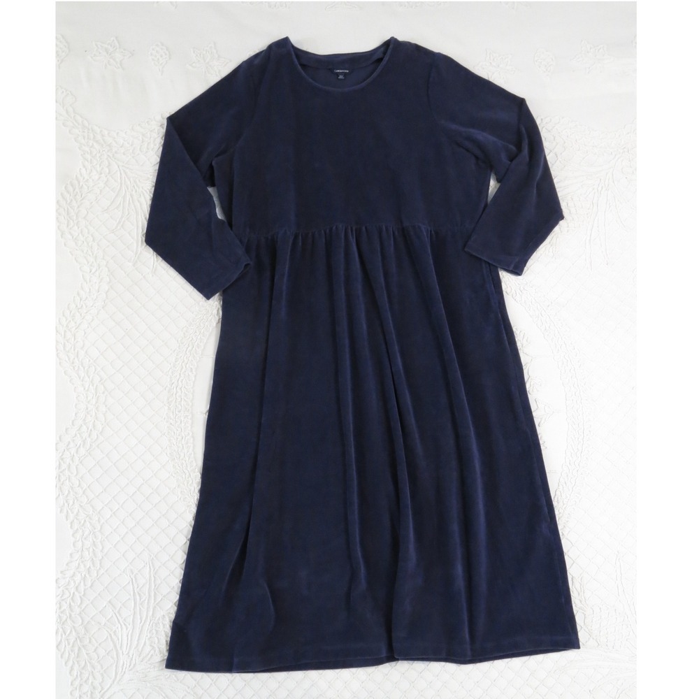 Lands End Womens 3X 26/28 Blue Soft Cotton Ribbed Velvet Maxi Dress Modest Cozy